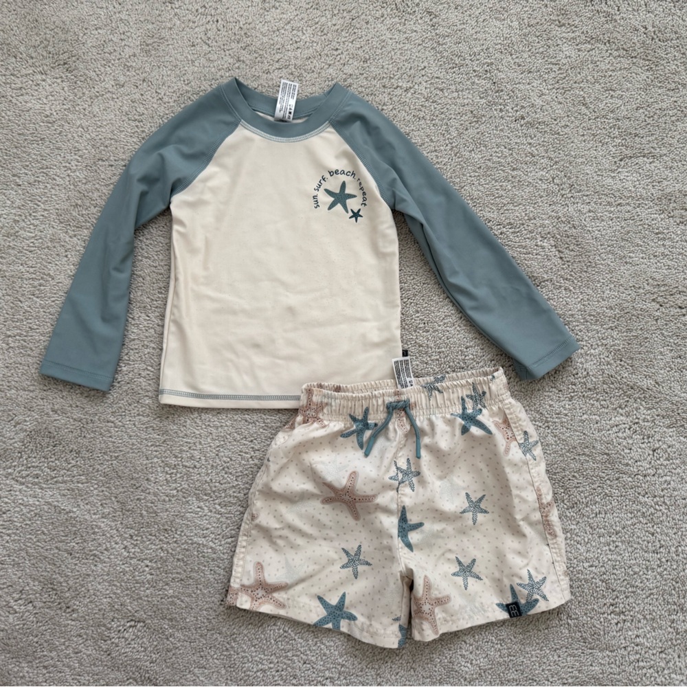 Starry Beach Kids Rashguard Set - Cream and Blue